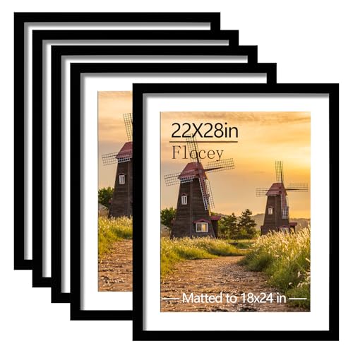 Flocey 22x28 Black Picture Frame Set of 5 with Mat - Wall Gallery Display, Horizontal or Vertical Mounting Variation of THIS listing