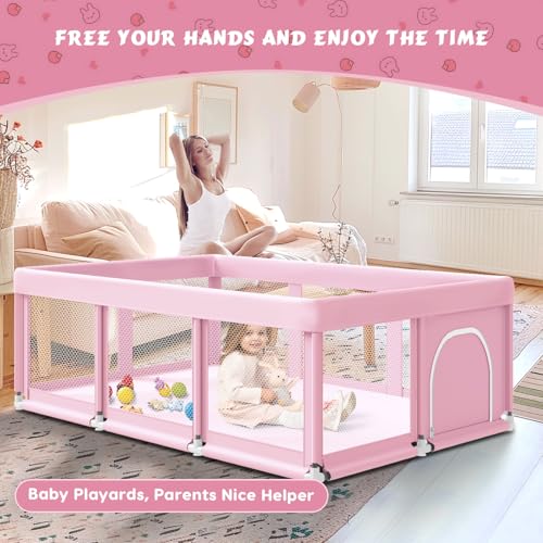 Large Baby Playpen 74x50 Inch Pink Baby Playard for Indoor & Outdoor Safety