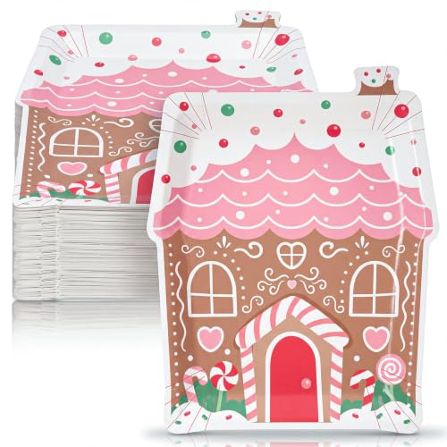 Potchen 150 Pcs Christmas Gingerbread House Paper Plates - Cute Pink Gingerbread House (Variation of THIS listing)