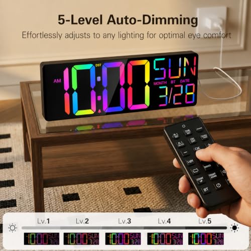 White 18-Inch Digital Wall Clock with Jumbo 5.4-Inch Numbers, RGB Lights & Temperature