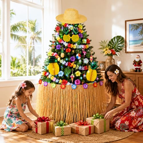 Hawaiian Christmas Tree Skirt & Party Decorations Set - 57 Pieces