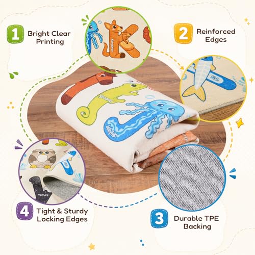 Rezutan 5' x 7' Beige Classroom Alphabet Rug, Washable & Non-Slip Kid's Play Carpet