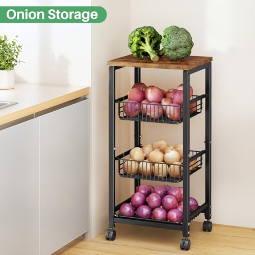 Fruit Basket Stand with Pull-Out Vegetable Baskets - 11.8"D x 15.7"W x 33.7"H, Black