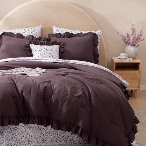 BLOOMHAVEN Full Size Comforter Set 7 Pieces Dark Purple Floral Ruffle Bedding