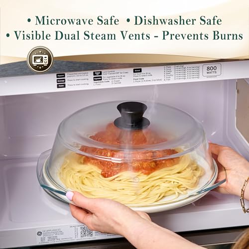 Le'raze Tall Glass Microwave Splatter Cover with Cool Touch Handle - Food Safe & Dishwasher Safe