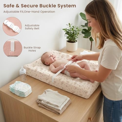 Konssy Baby Changing Pad Set with Waterproof Lining & 2 Muslin Covers - Rectangle Blossom Pink