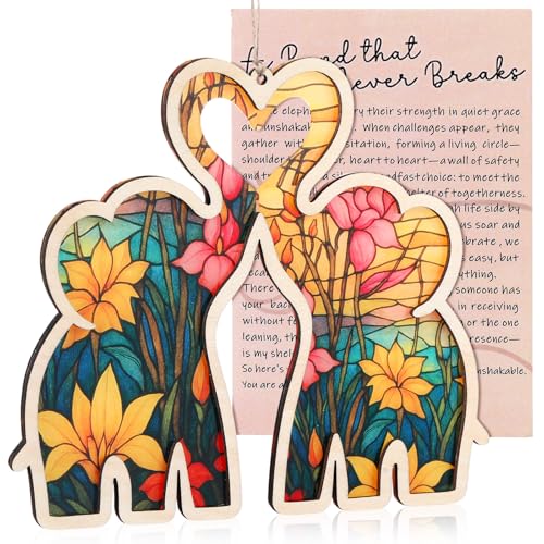 Elephant Friendship Ornament Set for Women Heart-Shaped Elephant Special Decor with Floral Design, Story Card, Birthday Gifts for Friends Sisters, Christmas Suncatcher Ornament
