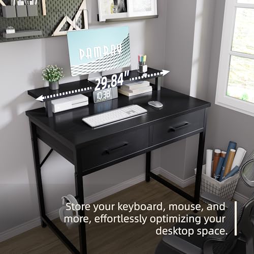 Small Computer Desk with Monitor Stand & Drawers - Black, 32 Inch