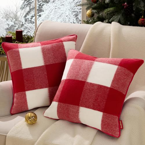 Red Christmas Throw Pillow Covers Set of 2 - Faux Wool Buffalo Check 18x18 Inches