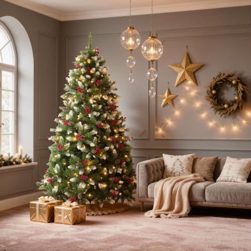 Green 6FT Pre-Lit Christmas Tree with Pine Cones & Red Berries - 818 Tips, 250 LED Lights