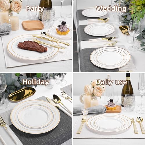 White Disposable Plates with Gold Rim - 200 Pack, Elegant Party Tableware