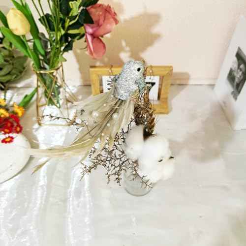 6 Pack Decorative Silver Glitter Birds Artificial Feather Foam Clip on Birds Christmas Tree Ornaments with Clips for Wedding Party Garden (Silver Glitter)