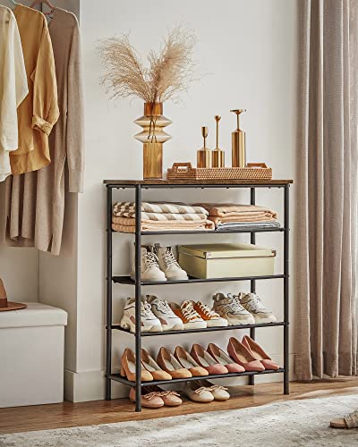 VASAGLE 5-Tier Shoe Rack - Rustic Brown & Black Steel Frame, Holds 12-16 Pairs