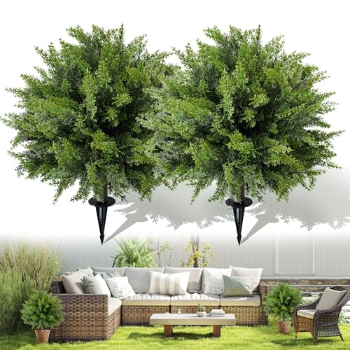 Artificial Cedar Topiary Ball Tree with Ground Spike - 23 Inch, 2 Pack - Cedar Variation