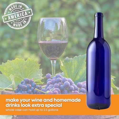 FastRack 750 ml Blue Wine Bottles (Pack of 6), Bordeaux/Flint Flat-Bottomed Glass Bottles Ideal for Wine Making and Storage - NO CORKS INCLUDED