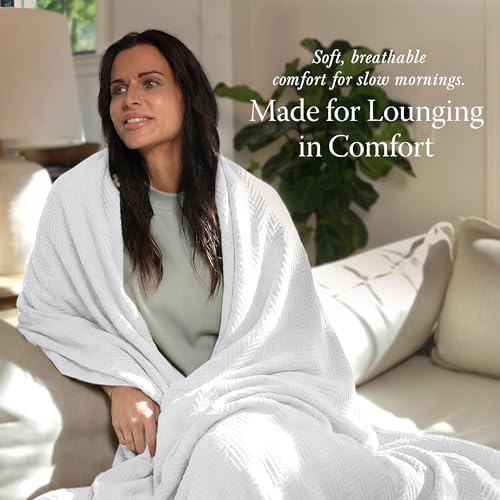Threadmill Luxury 100% Cotton King Herringbone Blanket, Bright White