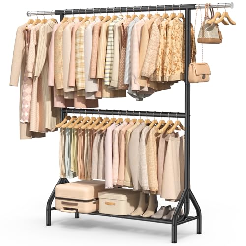 Heavy Duty Double Rod Clothing Rack - 82.68 Inch Garment Organizer with Shelves, Black, Supports 622 lbs