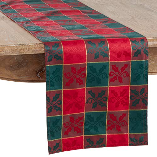 Red Green Plaid Christmas Table Runner 14 x 108 inch Holiday Jacquard with Gold Accents