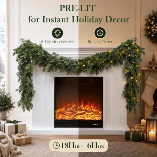 Green 9FT Pre-Lit Christmas Garland with Lights Indoor Outdoor Decor - Real Touch Cedar
