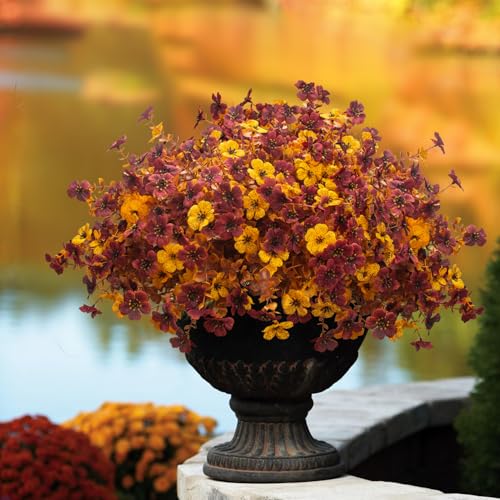 Fall Artificial Mum Flowers with Eucalyptus - 16 Bundles Autumn Faux Decor, UV Resistant for Front Door Porch & Patio - Orange, Yellow & Red