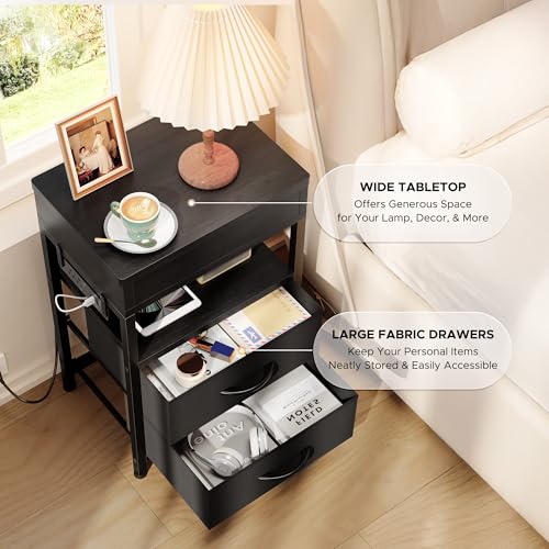 Black Nightstand with Lockable Hidden Compartment and 2 Drawers - Modern Bedside Table