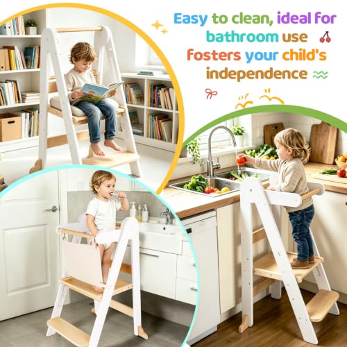 Foldable Wooden Toddler Learning Tower - Height Adjustable Kids Step Stool - White Variation