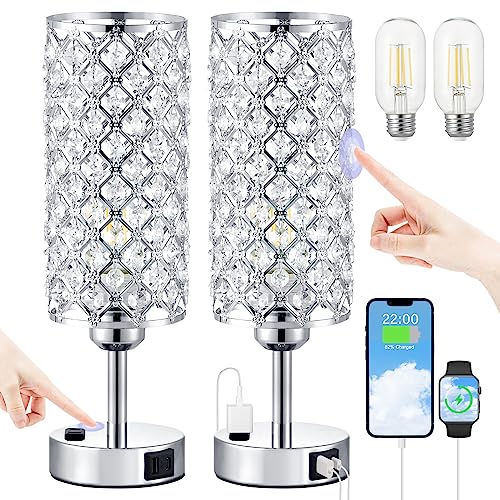 Silver Crystal Lamps Set of 2 - 3-Way Dimmable Touch Nightstand Lamps - Upgrade USB Charging