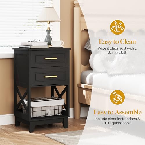 May in Color Nightstand Set of 2 with Open Shelf and Drawers, 30-Inch Tall Bedroom End Tables (Black, 18"Lx14"Wx30"H)