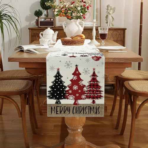 Christmas Decorations - Merry Christmas Table Runner 13x72 Inch,Red Pine Trees Winter Xmas Table Decoration for Home Kitchen Dining Holiday Decor