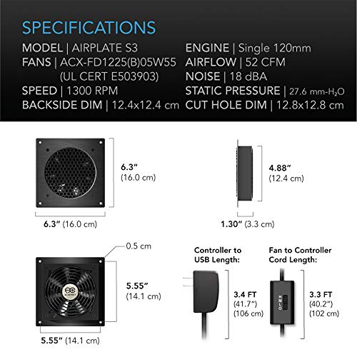 AC Infinity AIRPLATE S3 6-Inch Quiet Cabinet Cooling Fan with Speed Controller