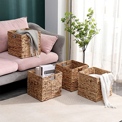 12x12 Inch Water Hyacinth Storage Baskets - 4 Pack Foldable Cubes for Home Organization