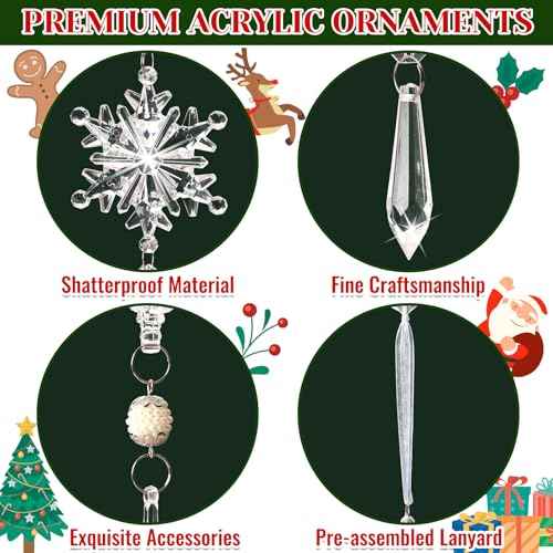 Christmas Tree Decorations 18Pcs, Acrylic Crystal Ornaments for Christmas Tree- Hanging Christmas Snowflake Decorations for Xmas Decor, Weddings, Frozen Birthday Parties