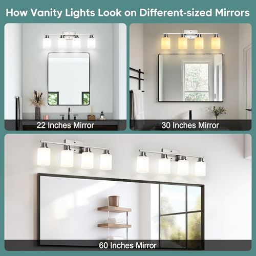 Brushed Nickel 4-Light Vanity Fixture Over Mirror with Frosted Glass Shades - Wall Sconce for Bathroom & Living Room - Variation of Brushed Nickel / 4-Light
