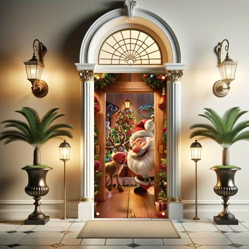 TOMHONG Christmas Door Cover Santa and Reindeer 71x35 Inch Front Door Decor for Holiday Party