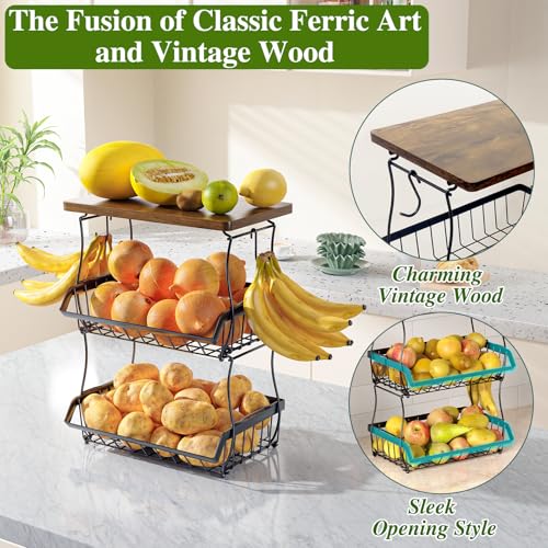 OKZEST 3-Tier Under-Cabinet Fruit Basket with Wood Top, Black, 16.8"H