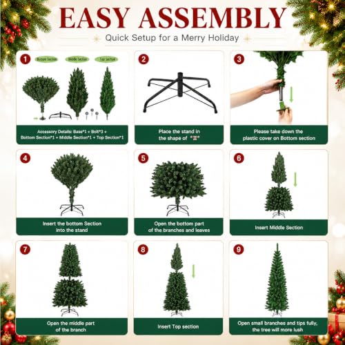 6ft Pre-Lit Slim Artificial Christmas Tree with Warm White LED Lights - Green, Foldable Stand