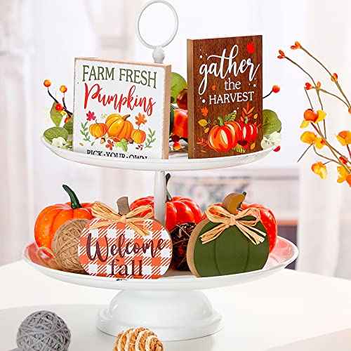 4 Pcs Fall Pumpkin Decor Tabletop Signs Welcome Fall Plaid Pumpkin Wooden Sign Tiered Tray Decorations Thanksgiving Autumn Table Centerpieces Standing Block Shelves for Rustic Farm House Home
