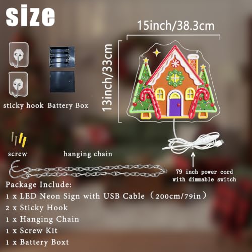Goneons Colorful Christmas House Gingerbread Neon Sign, Battery-Operated USB