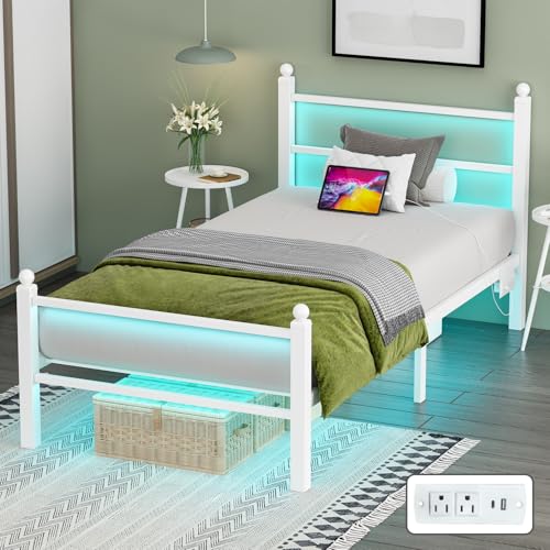 Twin Bed Frame with Headboard & Footboard - Off White, RGB LED Lights, USB Charging, Under Bed Storage - Twin Size Gohapnis