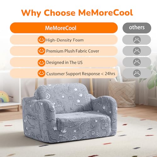 MeMoreCool Gray Glow in the Dark Dinosaur Kids Couch & Bed, Fold-Out Toddler Sofa