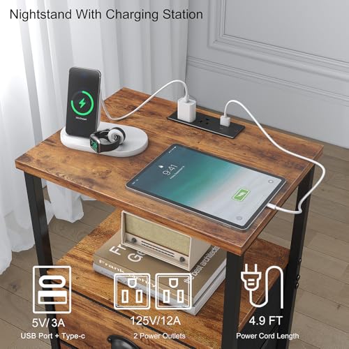 Rustic Brown Nightstand Set of 2 with LED Light & Charging Station - Industrial Bedside Tables with Fabric Drawers, 3-Tier Storage
