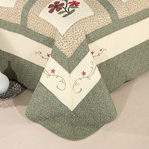 Green Farmhouse Embroidered Floral Quilted Bedspread Set - Queen, Reversible Cotton