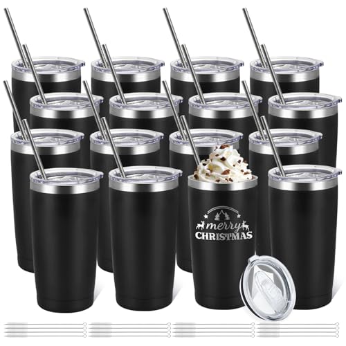 YOUKE OLA 16-Pack 20oz Stainless Steel Insulated Travel Tumblers with Lids & Straws, Matte Black