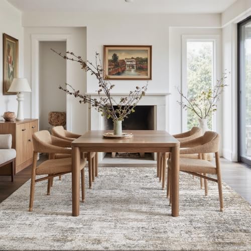 Grey Beige Washable Area Rug 9x12 for Living Room - Vintage Print, Non-Slip