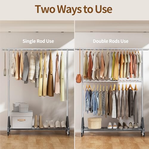 Heavy Duty Clothes Rack with Lockable Wheels - 600 LBS Capacity, Black + Silver