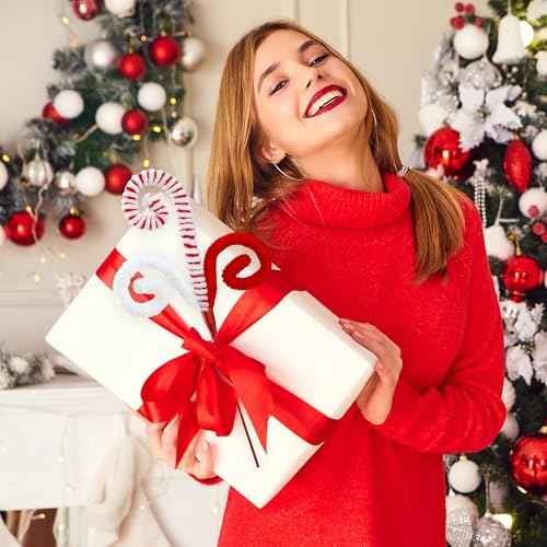 Sggvecsy 6 Pcs Christmas Tree Decoration Woolen Bells Candy Cane Shape Picks Lollipop Curly Pick Ornaments Xmas Tree Topper for Vase Filler Home Office Decor (Red)