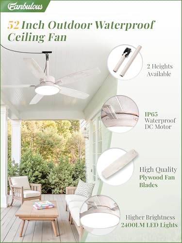52-Inch Outdoor Ceiling Fan with Light IP65 Waterproof for Patio - White Gold, Standard