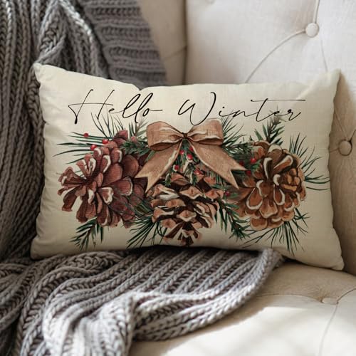Hello Winter Pine Cone Lumbar Decorative Throw Pillow Cover 12 x 20, Rectangular Pine Needle Bow Outdoor Home Decor, Christmas Seasonal Red Berry Sofa Couch Cushion Case
