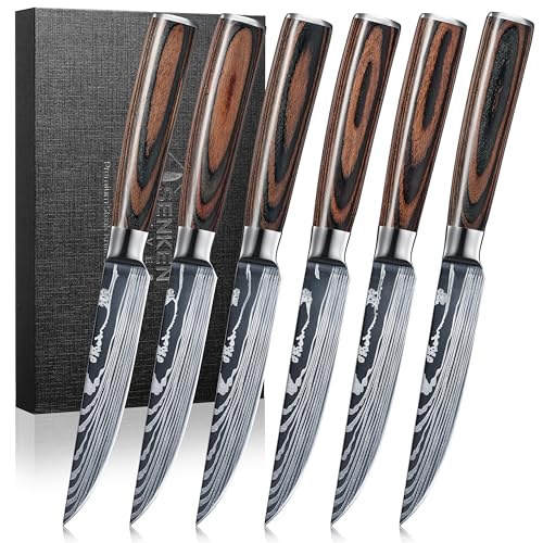 Senken Non-Serrated Damascus Pattern Steak Knife Set of 6 - Razor Sharp Stainless Steel & Wood Handles