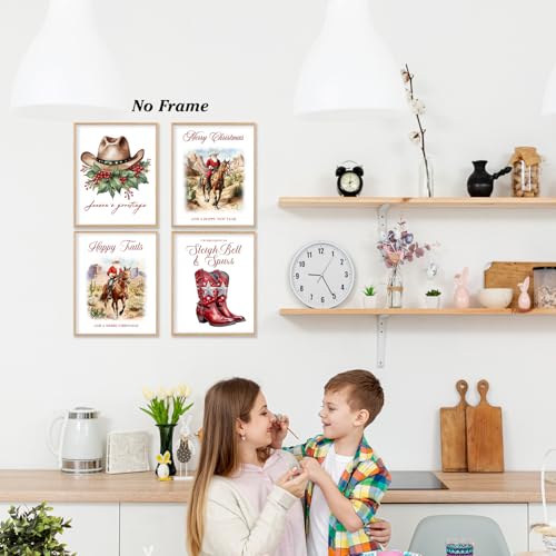 Western Santa Wall Art Prints Set of 4 - Cowboy Cowgirl Holiday Decor, Unframed 8x10